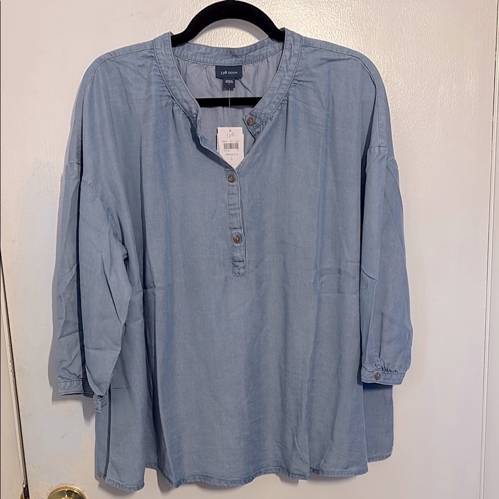 JJILL NWT Lyocell Light Blue Denim Henley Blouse, Sz L, Sharp! 🌟